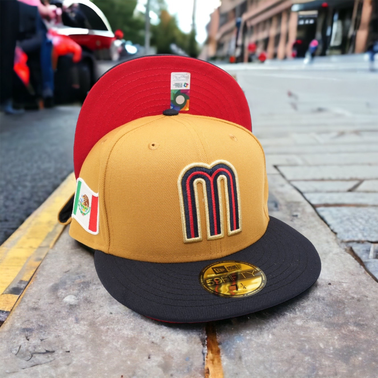 WBC Mexico New Era Panama Tan/Navy And Red Bottom With Mexican Flag